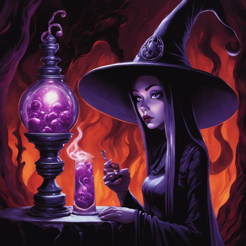 Witch Mesmerized by Purple Slime Lava Lamp in Art Brut