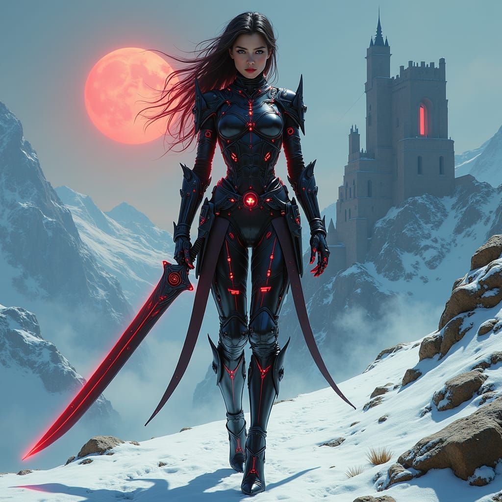 Cyberpunk Cyborg in Snowy Mountain Landscape