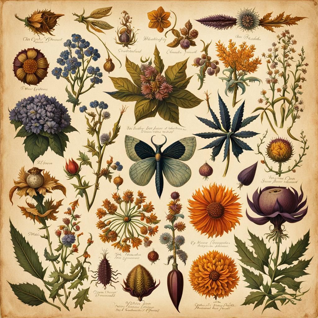 Botanical Illustration of Dried Flowers and Fantastical Flor...