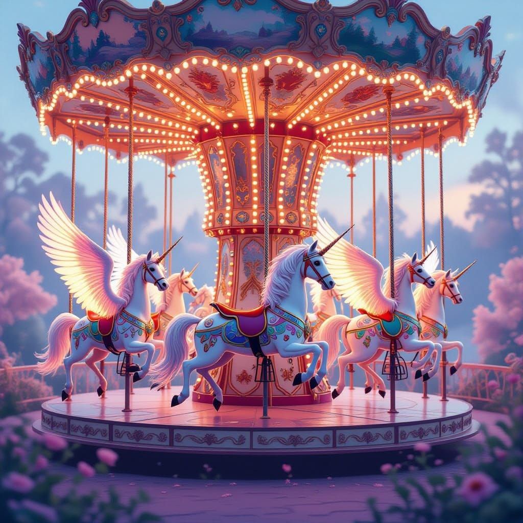 Whimsical Carousel with Mythical Creatures in Dreamlike Land...