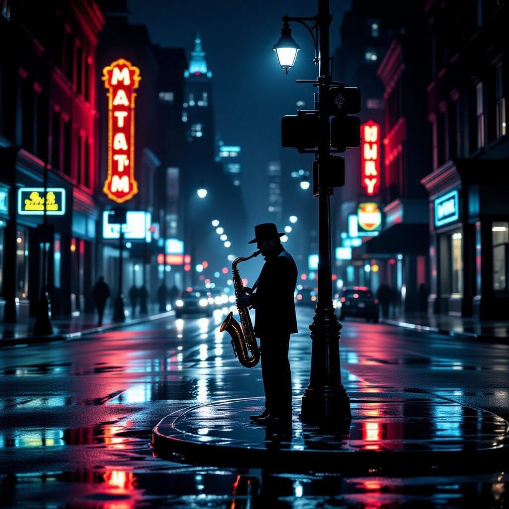 Jazz Musician on Rainy City Street Corner in Film Noir Style