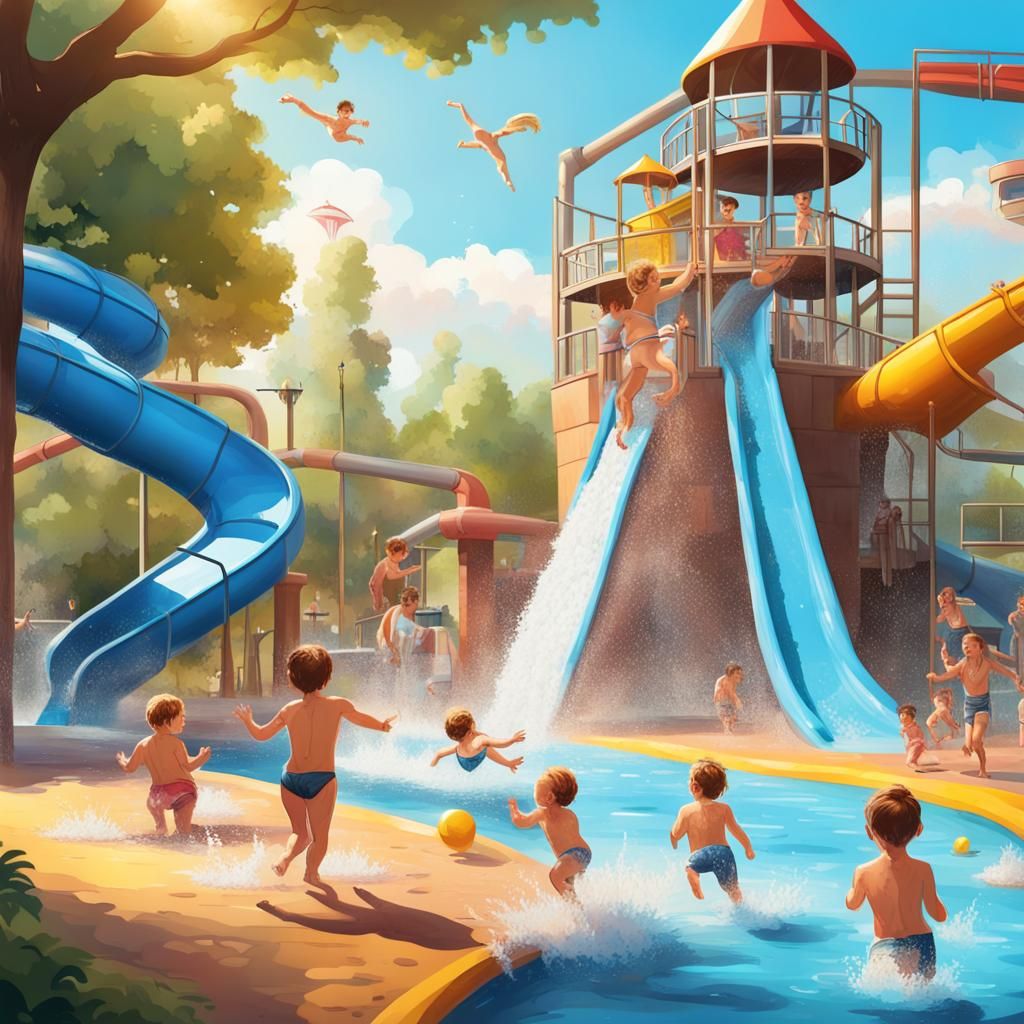 A fun water park with toddlers playing in the water in a lov...