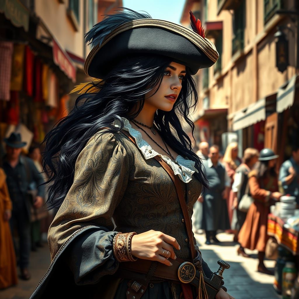 Spanish Woman in Musketeer Attire in Marketplace