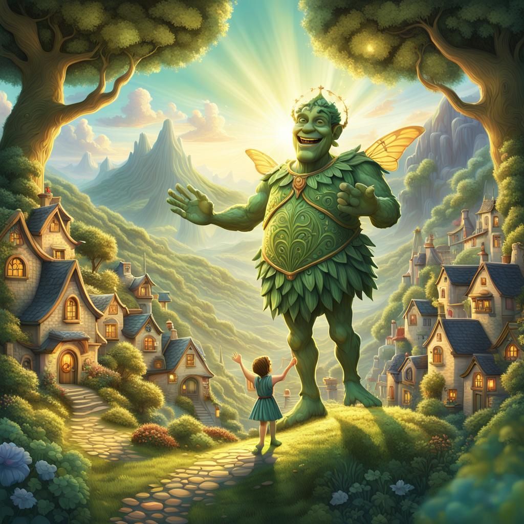 Smiling Green Giant with Fairy in Whimsical Village