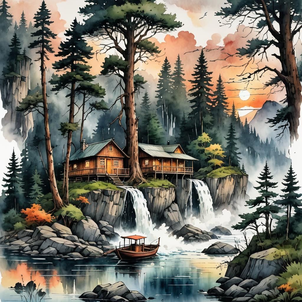 small cabin on the lake in the mountains with a boat dock an...