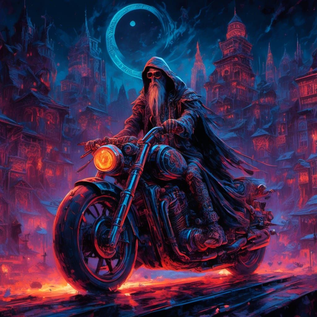 Ultra realistic and detailed picture of A wizard riding a fu...