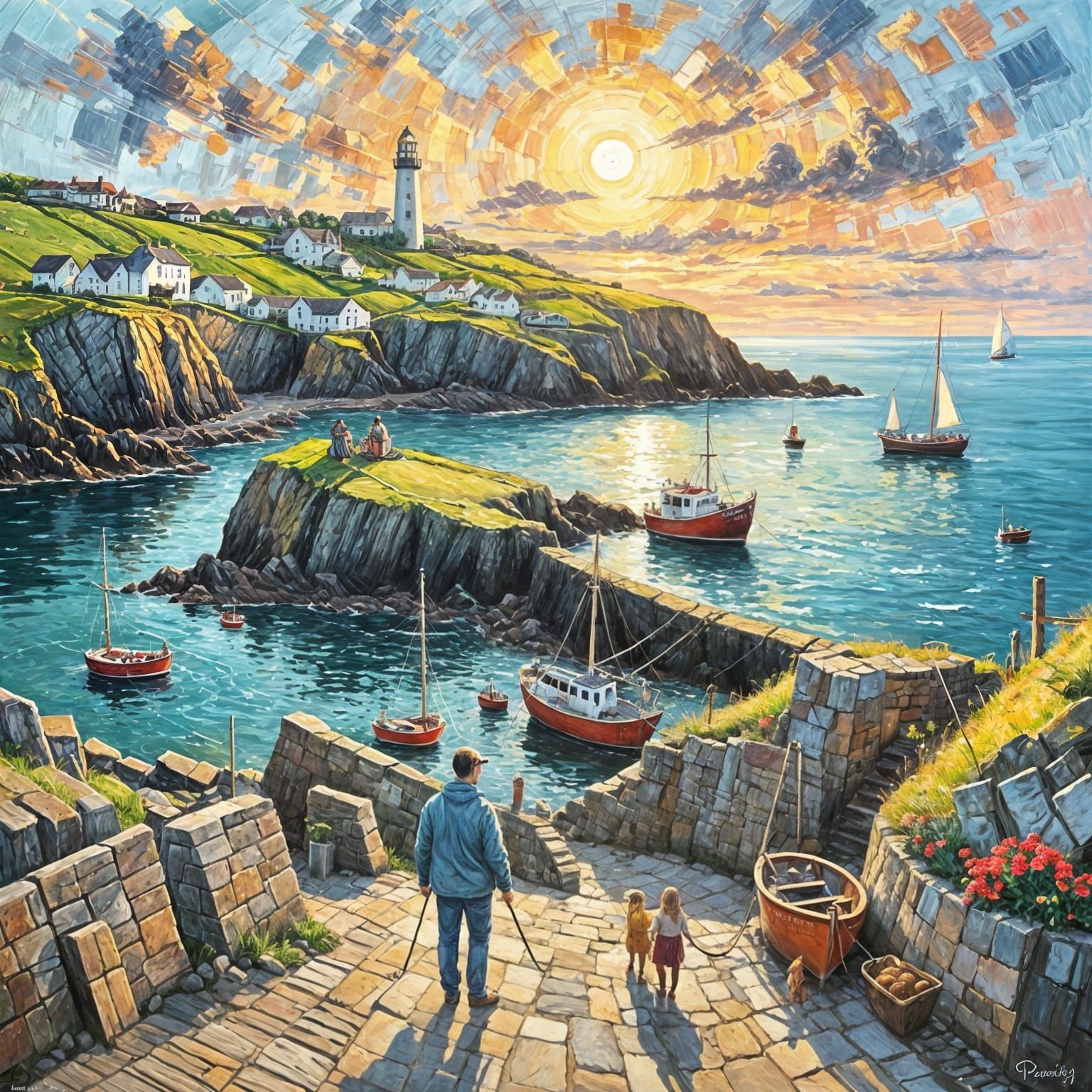 Impasto Post-Impressionist Harbour Scene with Tranquil Sunse...