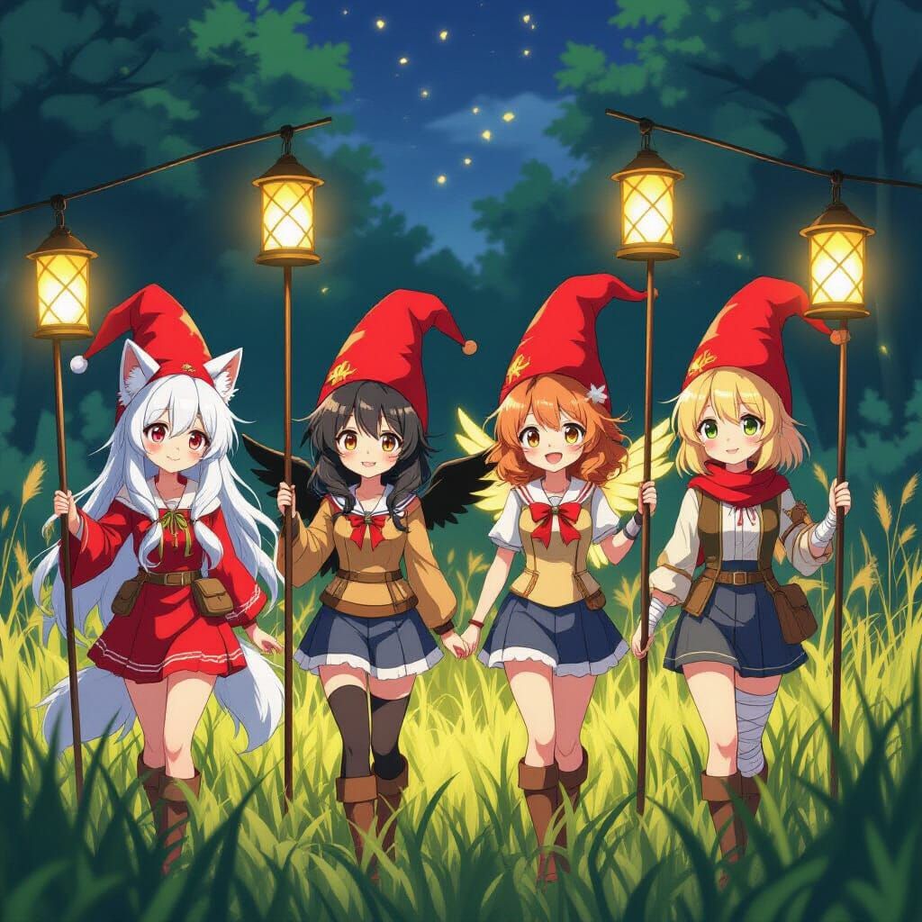 Anime Women with Lanterns in Tall Grass