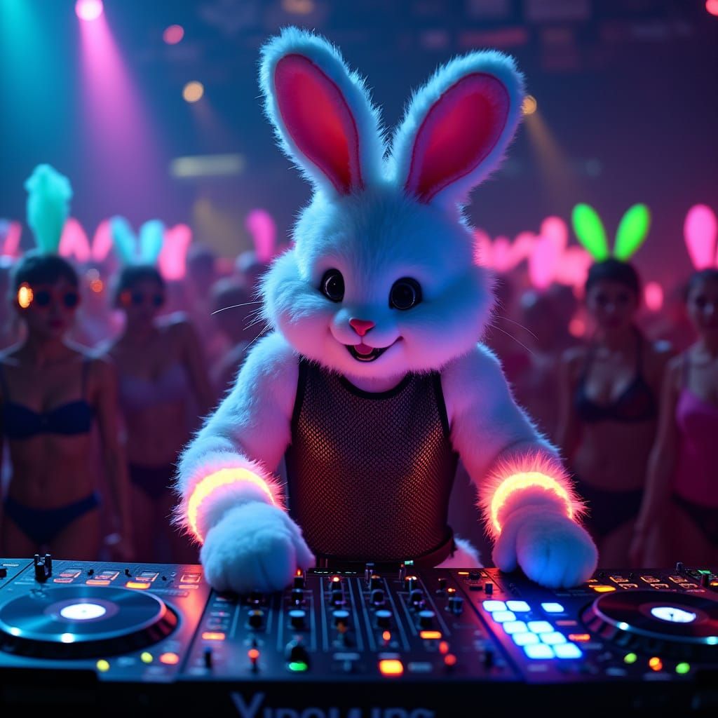 Cyberpunk Easter Bunny DJ Spins Tracks in Neon Rave