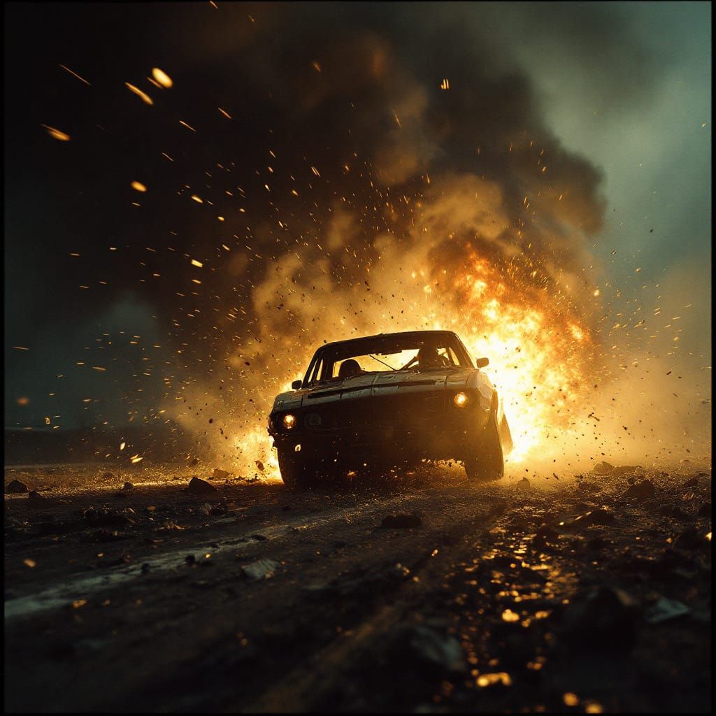 Cinematic Motor Crash in Dramatic Film Still