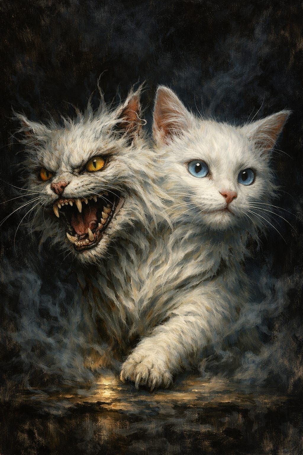 Surreal Two-Headed Cat with Contrasting Personalities