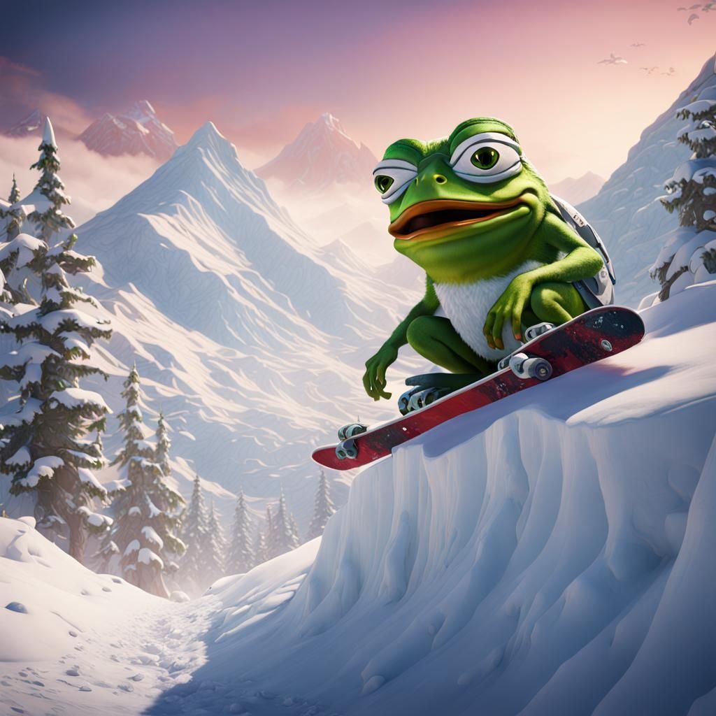Pepe Frog Snowboarding in Detailed Matte Painting Style
