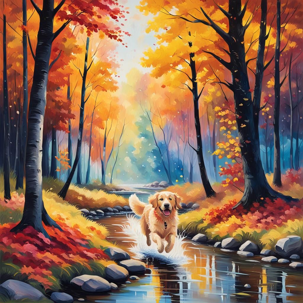Golden Retriever Runs Through Autumn Creek as Oil Painting