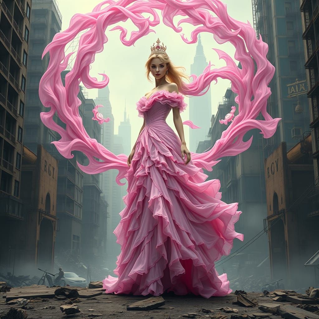 Ethereal Princess in Dystopian Cityscape