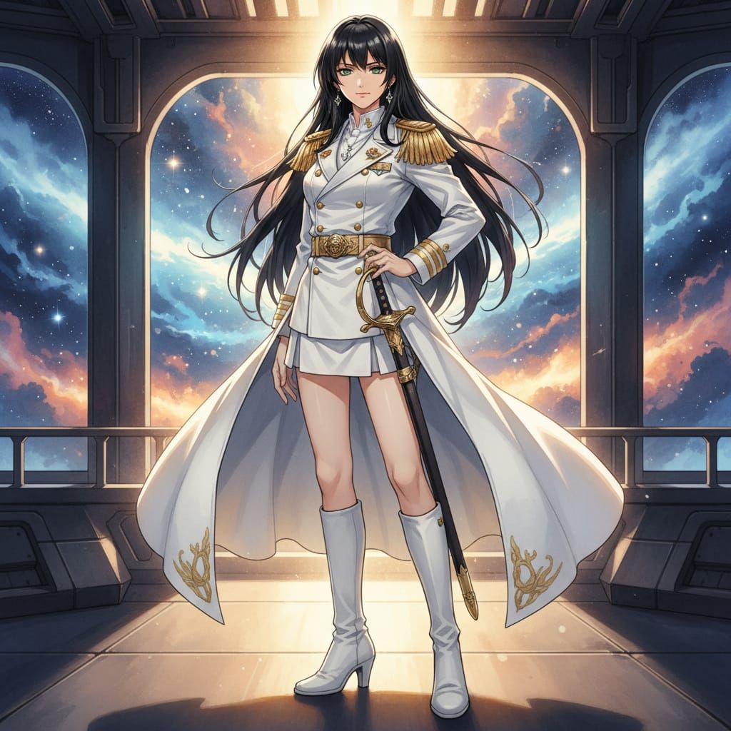 Anime Female Admiral in White Navy Uniform with Sword