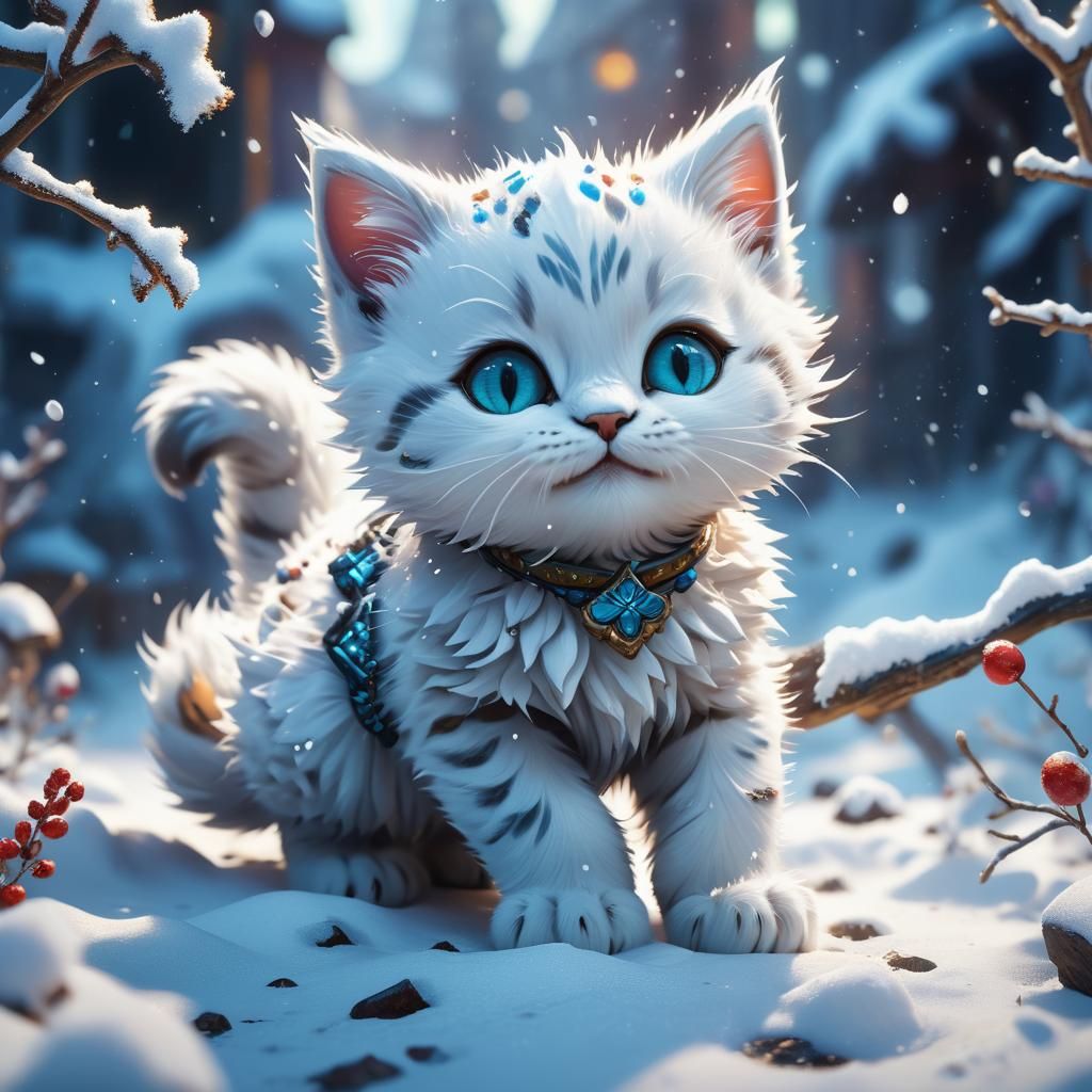 Cute Kitten Playing in Snow: Detailed Digital Art
