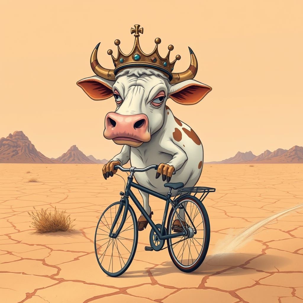 Arrogant Cow Rides Bicycle in Surreal Desert