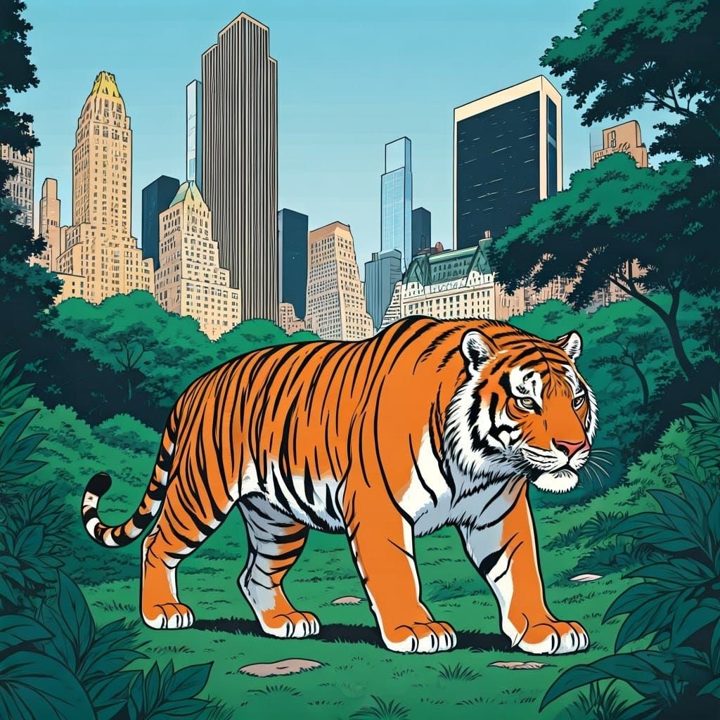 Tiger in Central Park: Comic Book Art Style