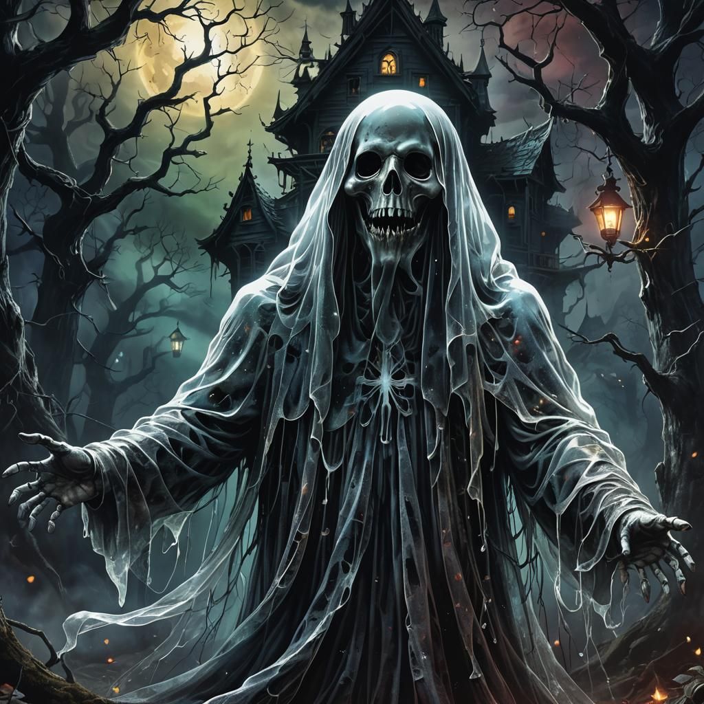 Creepy Transparent Ghost in Haunted Forest, Digital Art