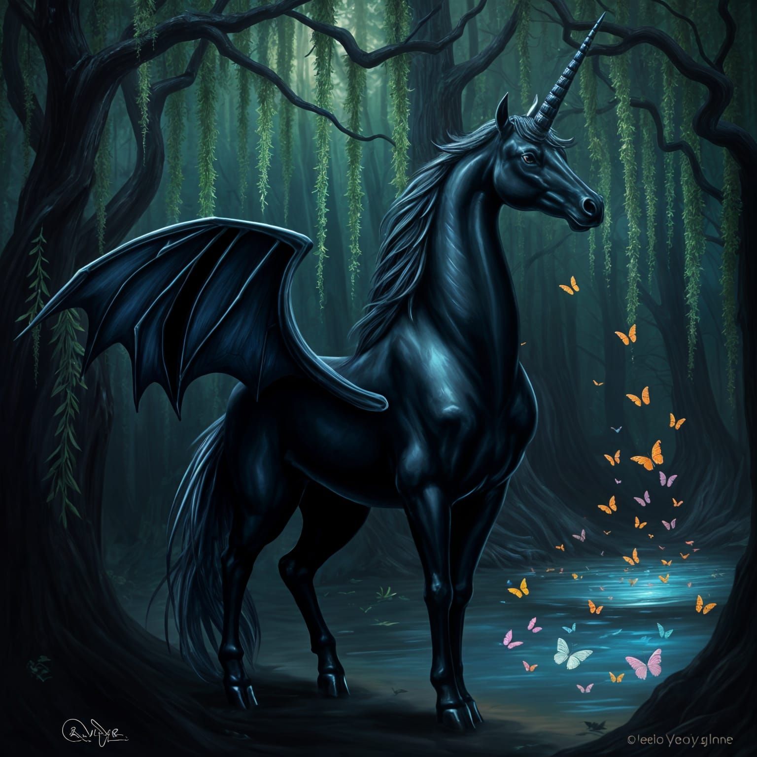 Dark Fantasy Unicorn in Spanish Moss Forest