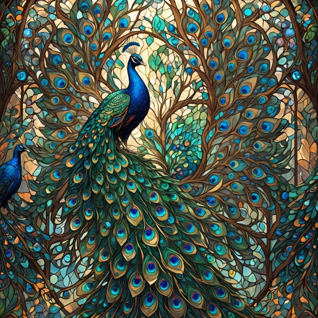 Vibrant Peacock in Stained Glass Style