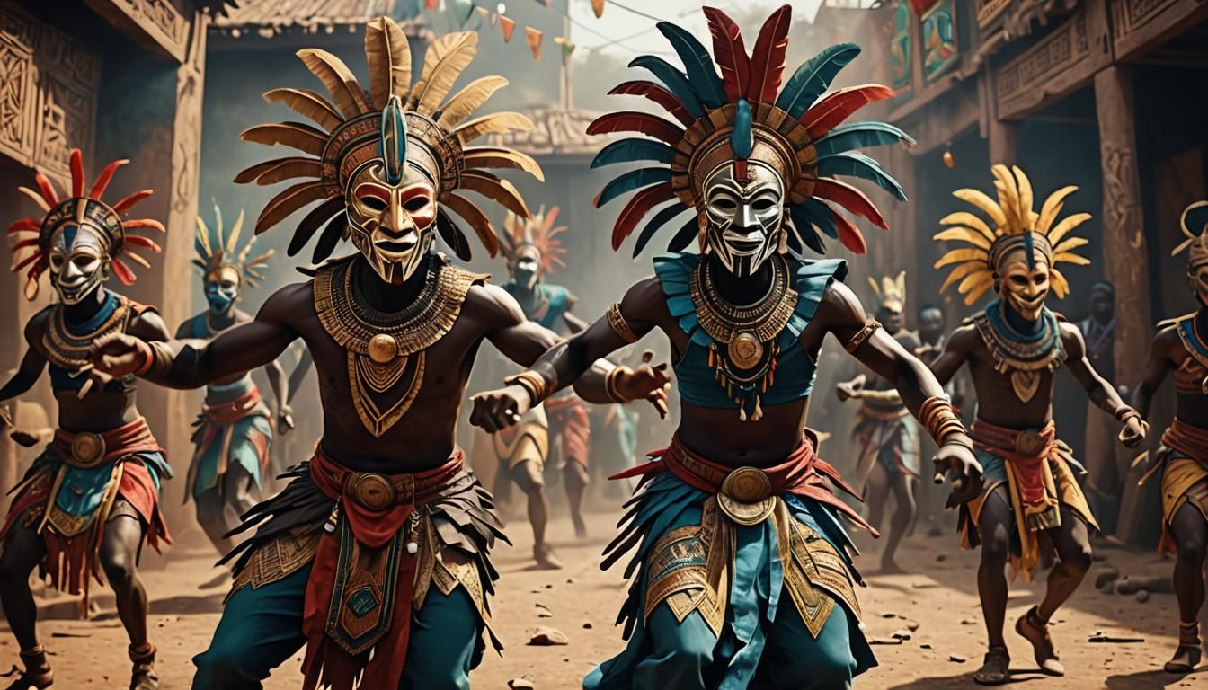 Dynamic African Dancers in Vivid Masks
