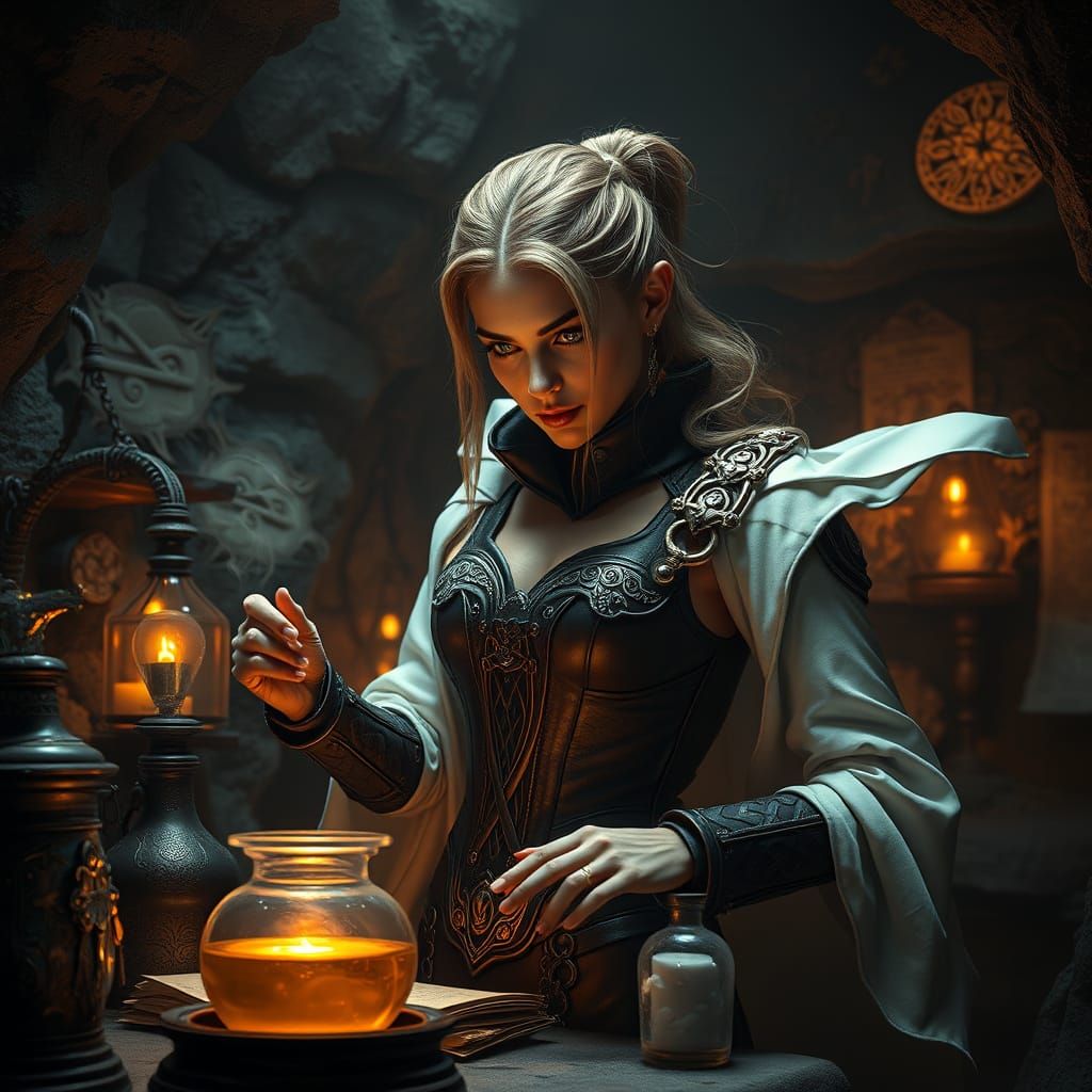 Ethereal Alchemist Weaves Mystical Potion in Secret Cave
