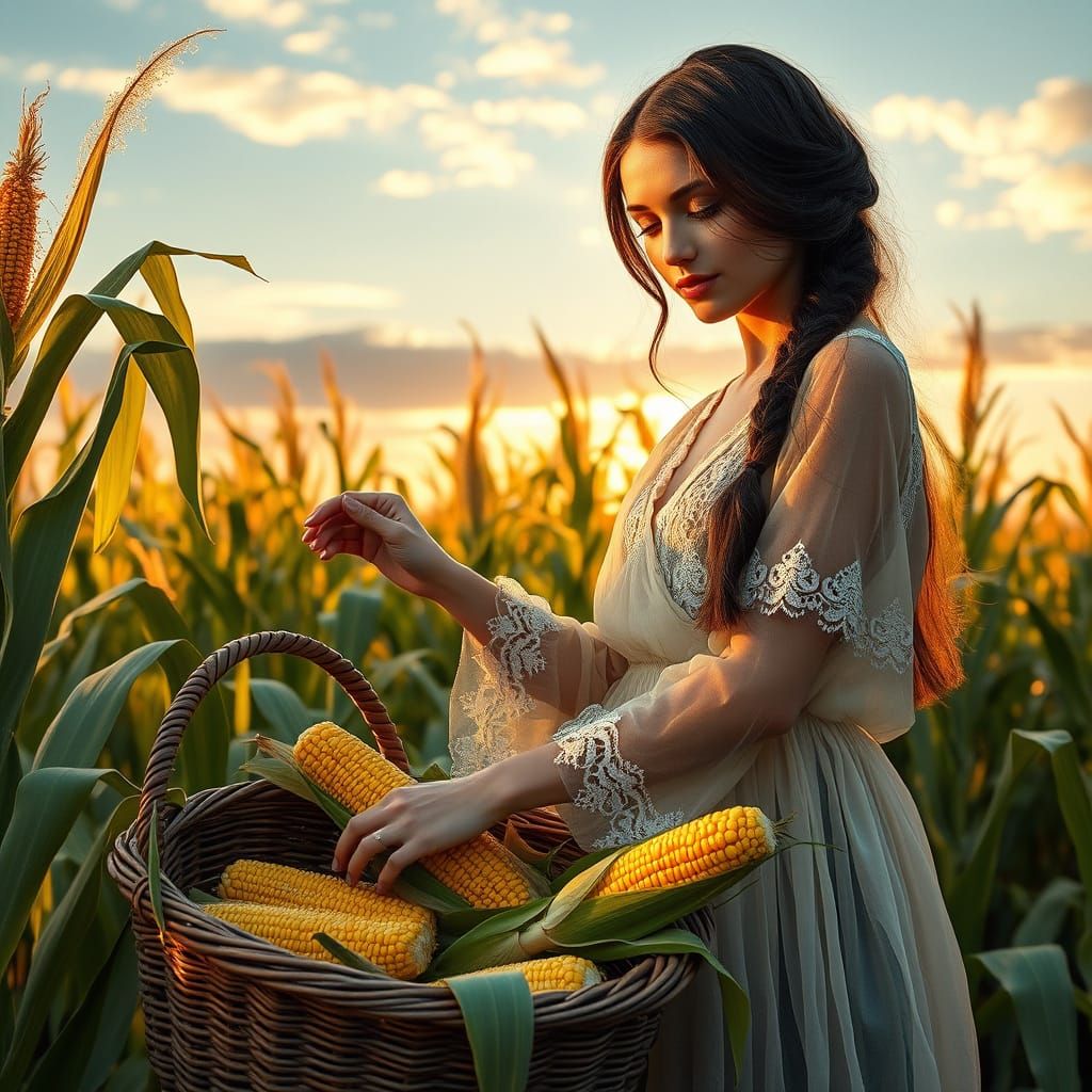 Woman Picking Corn in Field, Hyperdetailed Volumetric Art