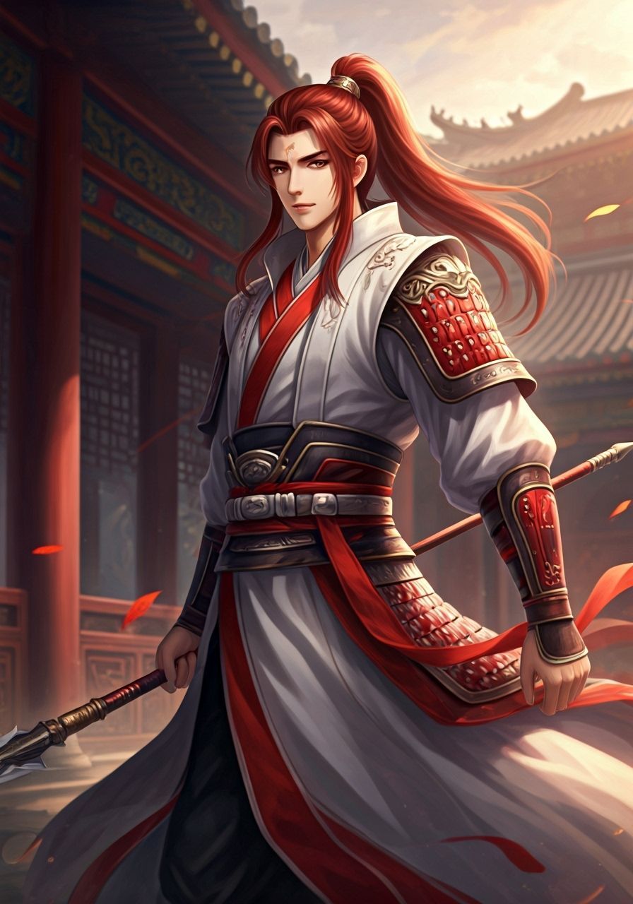 Ancient Chinese Boy with Spear in Ethereal Palace