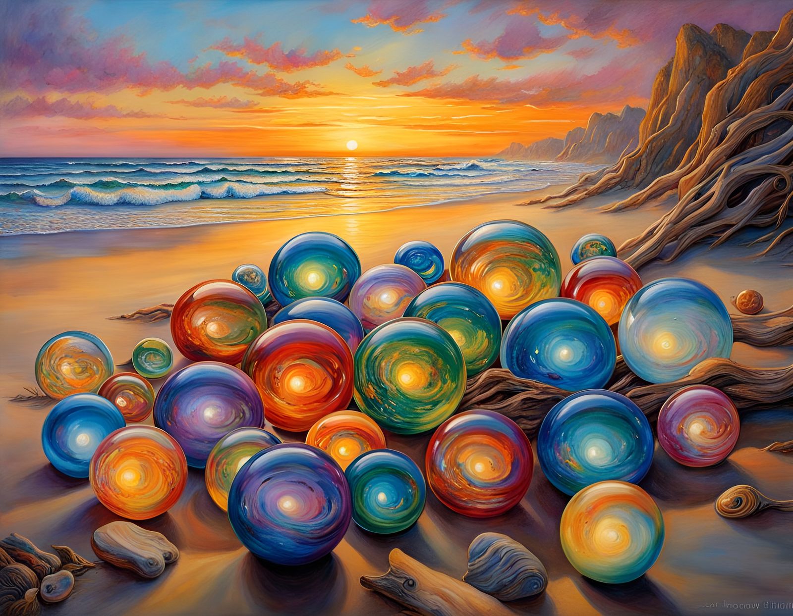 Polychromatic Glass Balls on Beach at Sunset