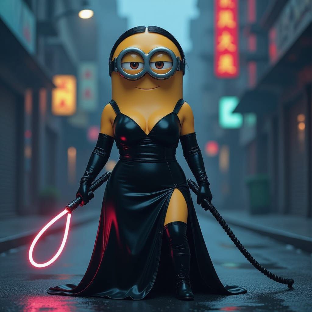 Cyberpunk Minion in Latex Dress with Neon Whip