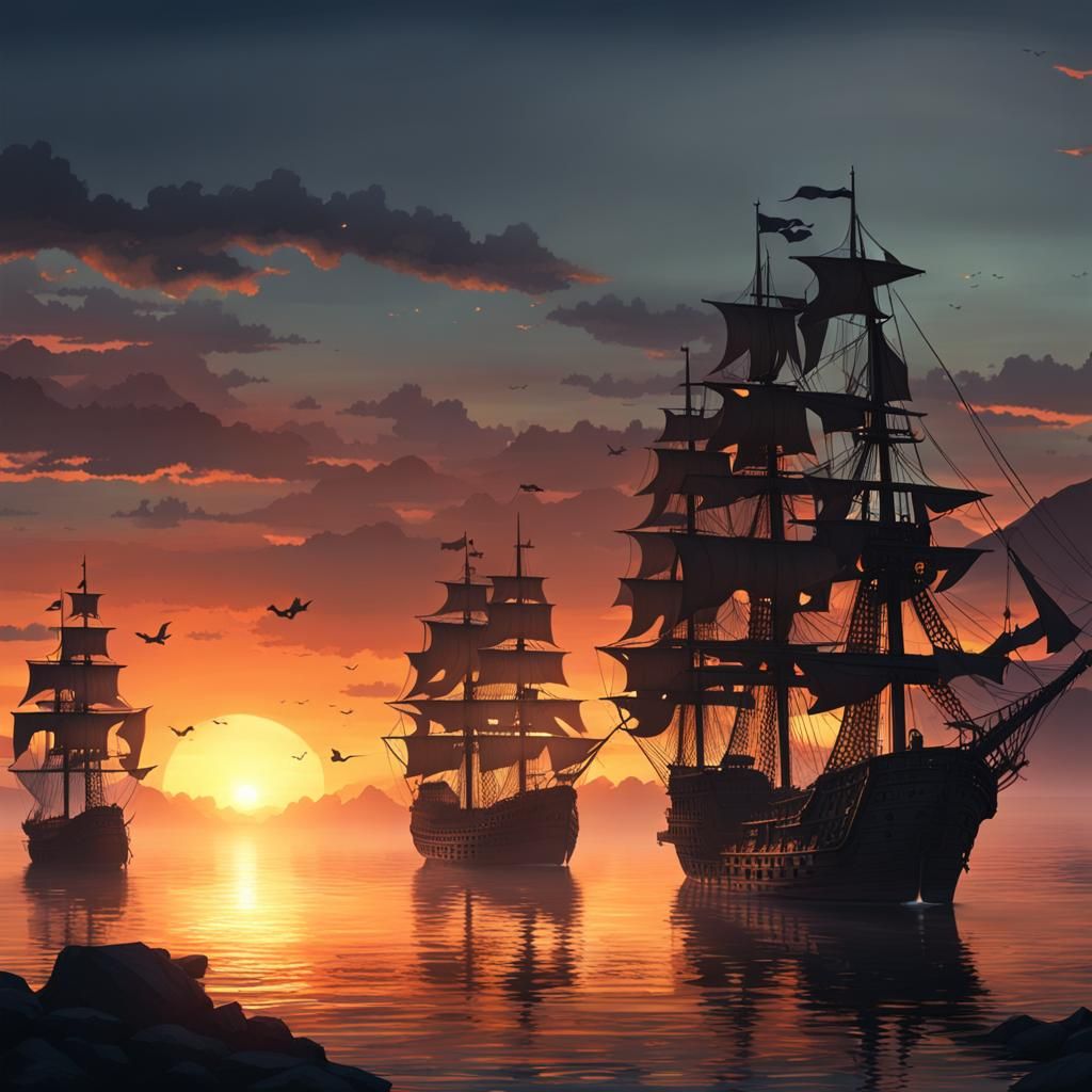 Majestic Pirate Ships in a Sunset Bay