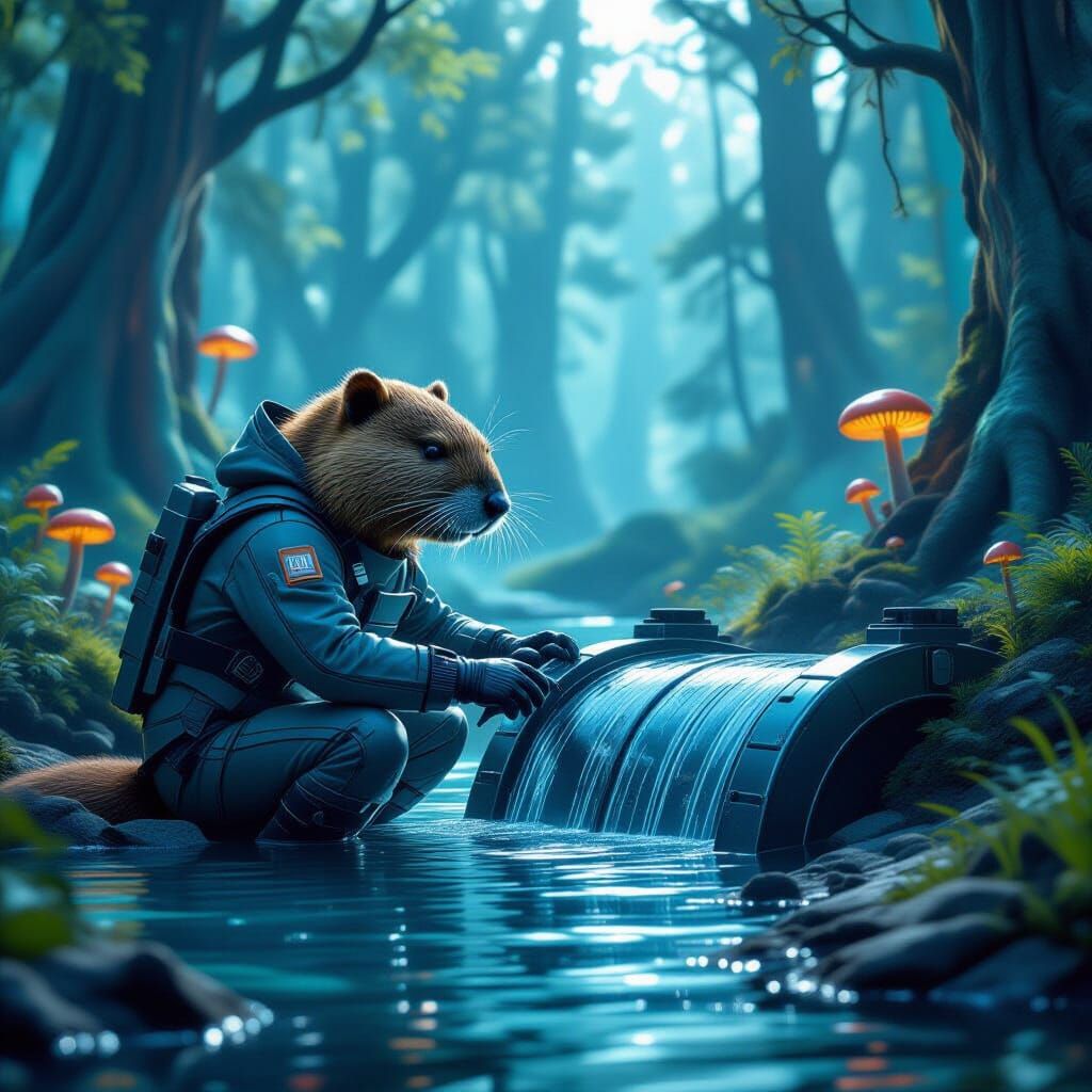 Futuristic Beaver Engineer Building Alien Dam