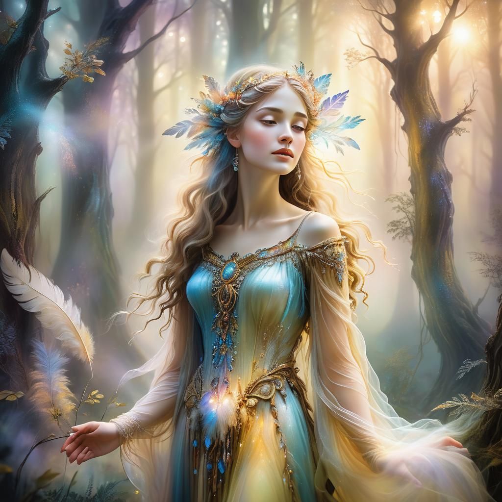 Mystical Forest Maiden in Dreamy 3D Landscape