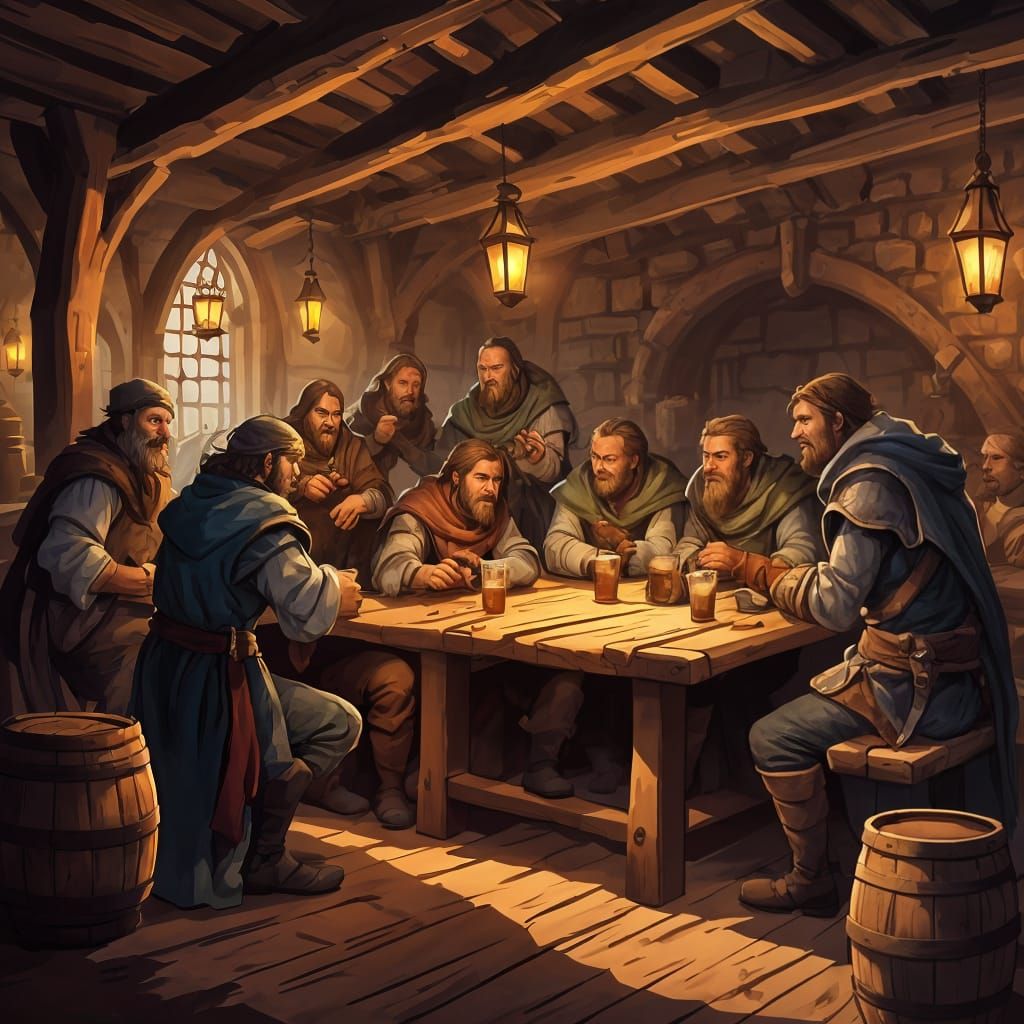 Fearful Tavern Scene in Cartoon Style