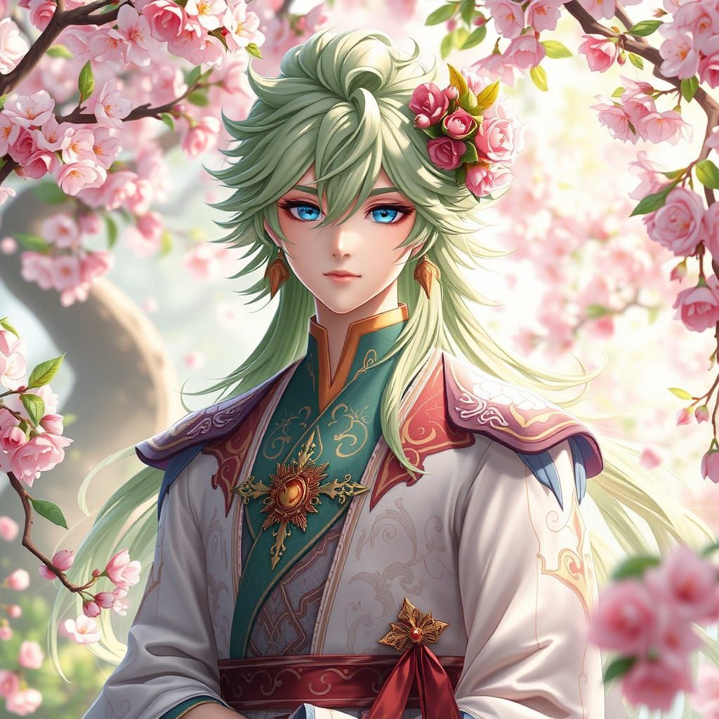 Mythical Spring Prince in Vibrant Whimsical Garden