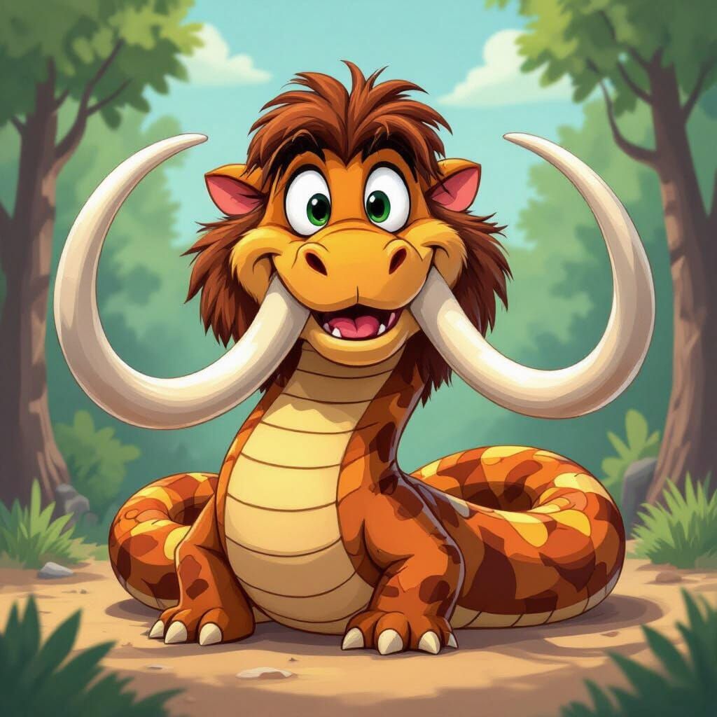 Cartoon Mammoth-Rattlesnake Hybrid with Tusks
