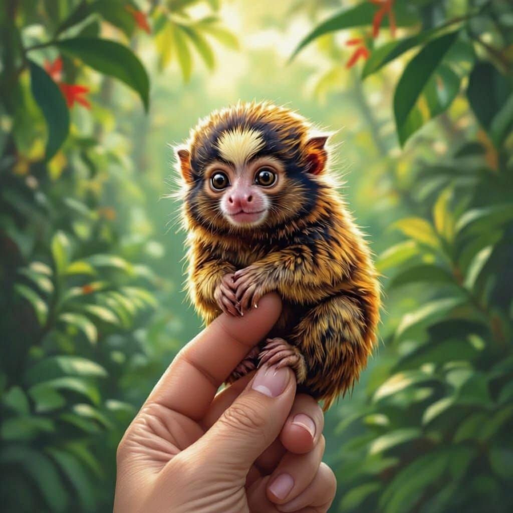 Tiny Pygmy Marmoset Clinging to Finger in Detailed Jungle