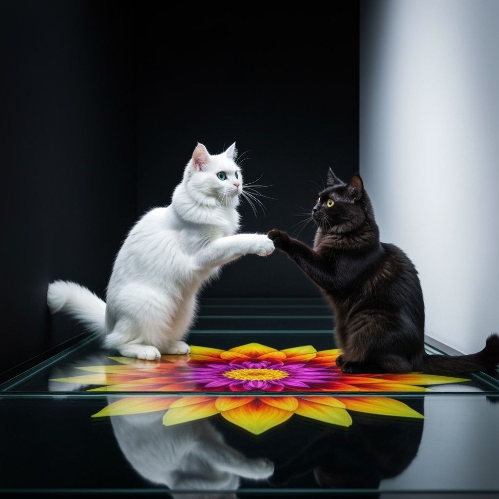 Two Cats Reach Across a Kaleidoscopic Divide