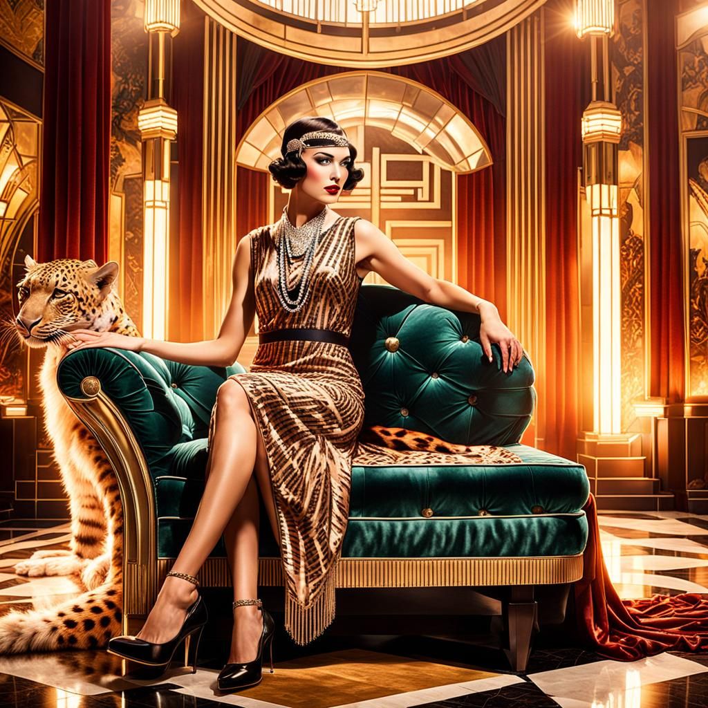 Elegant Woman with Leopard in Art Deco Room