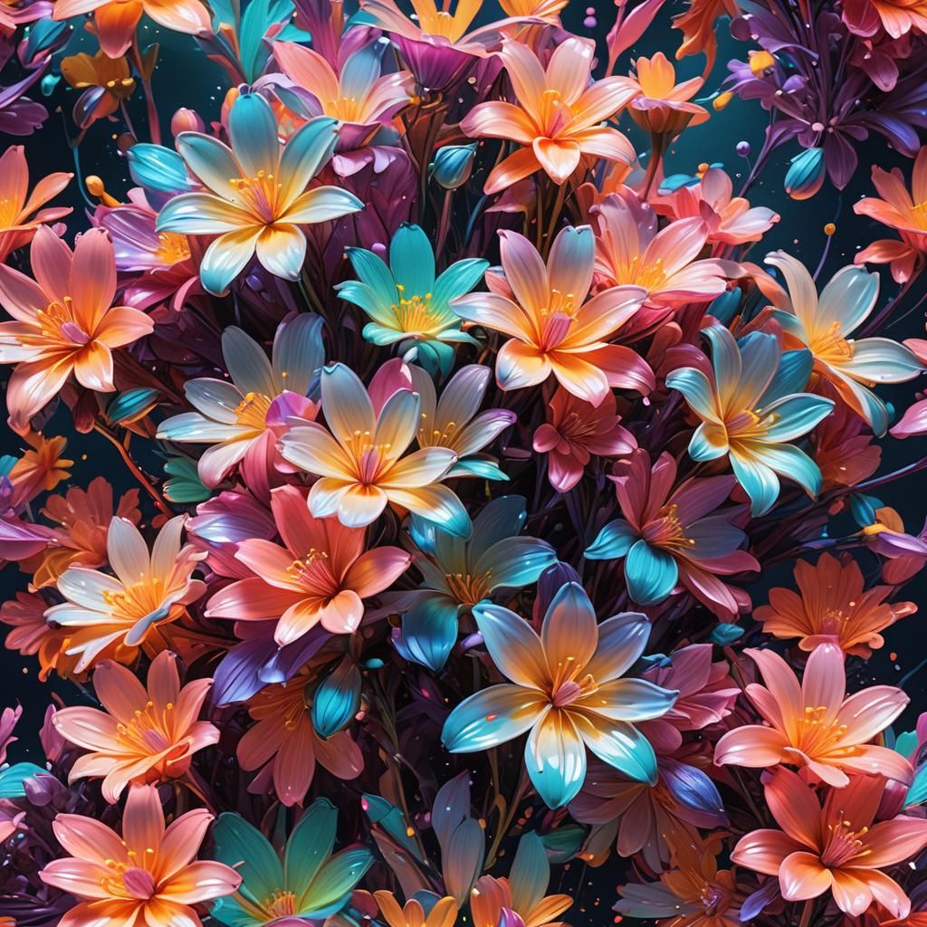 Opalescent Neon Flowers Spray Art: Hyperrealistic