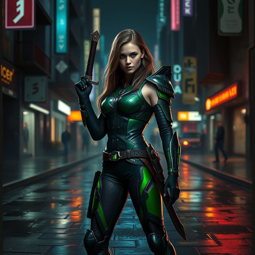 Futuristic Warrior in Cyberpunk Cityscape