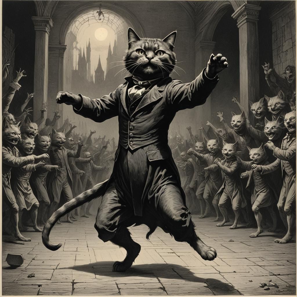 Horrific Cat Dancing Alone in Doré Style
