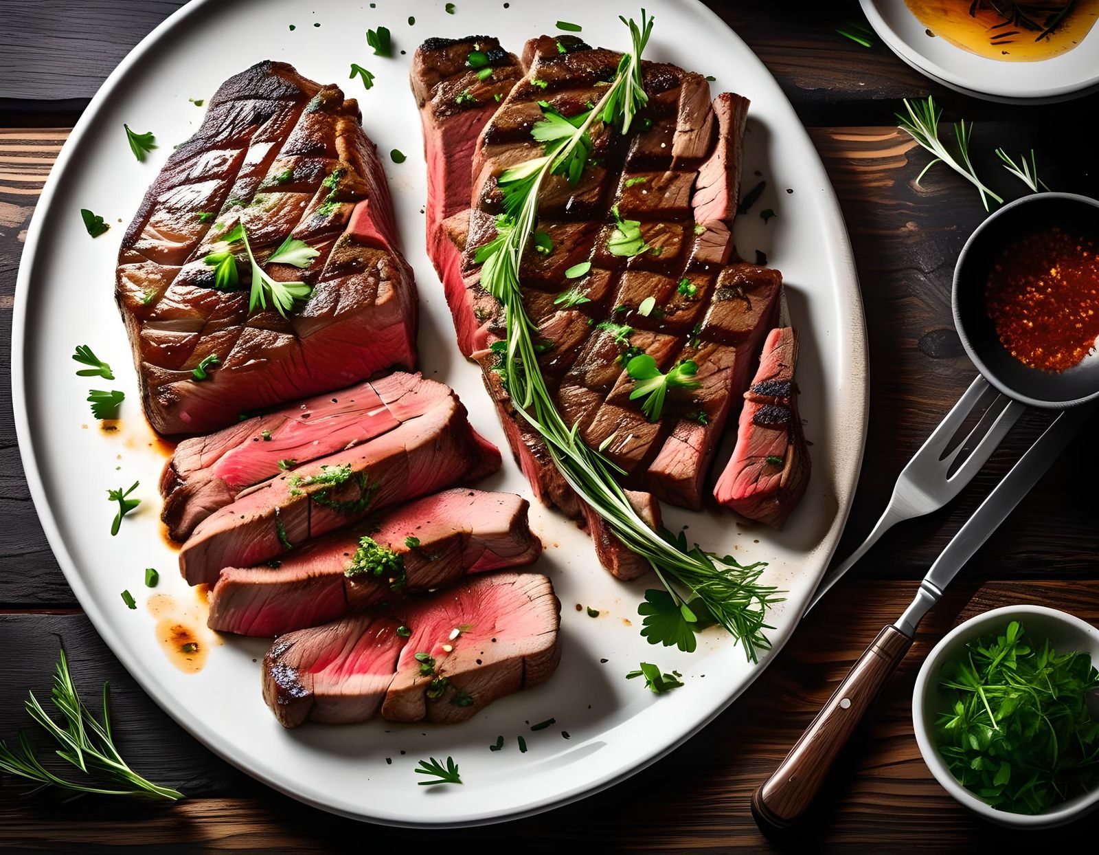 Juicy Steak with Herb Garnish on White Plate