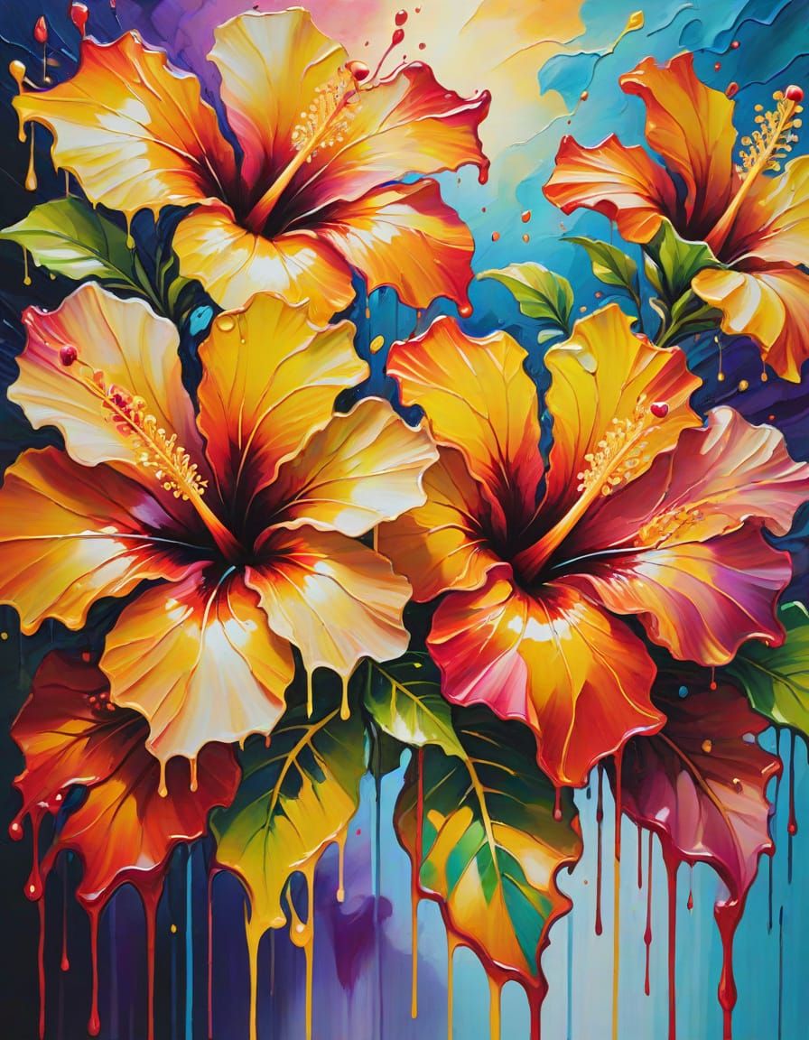 Melting Multicolored Hibiscus Flowers in Fauvist Style