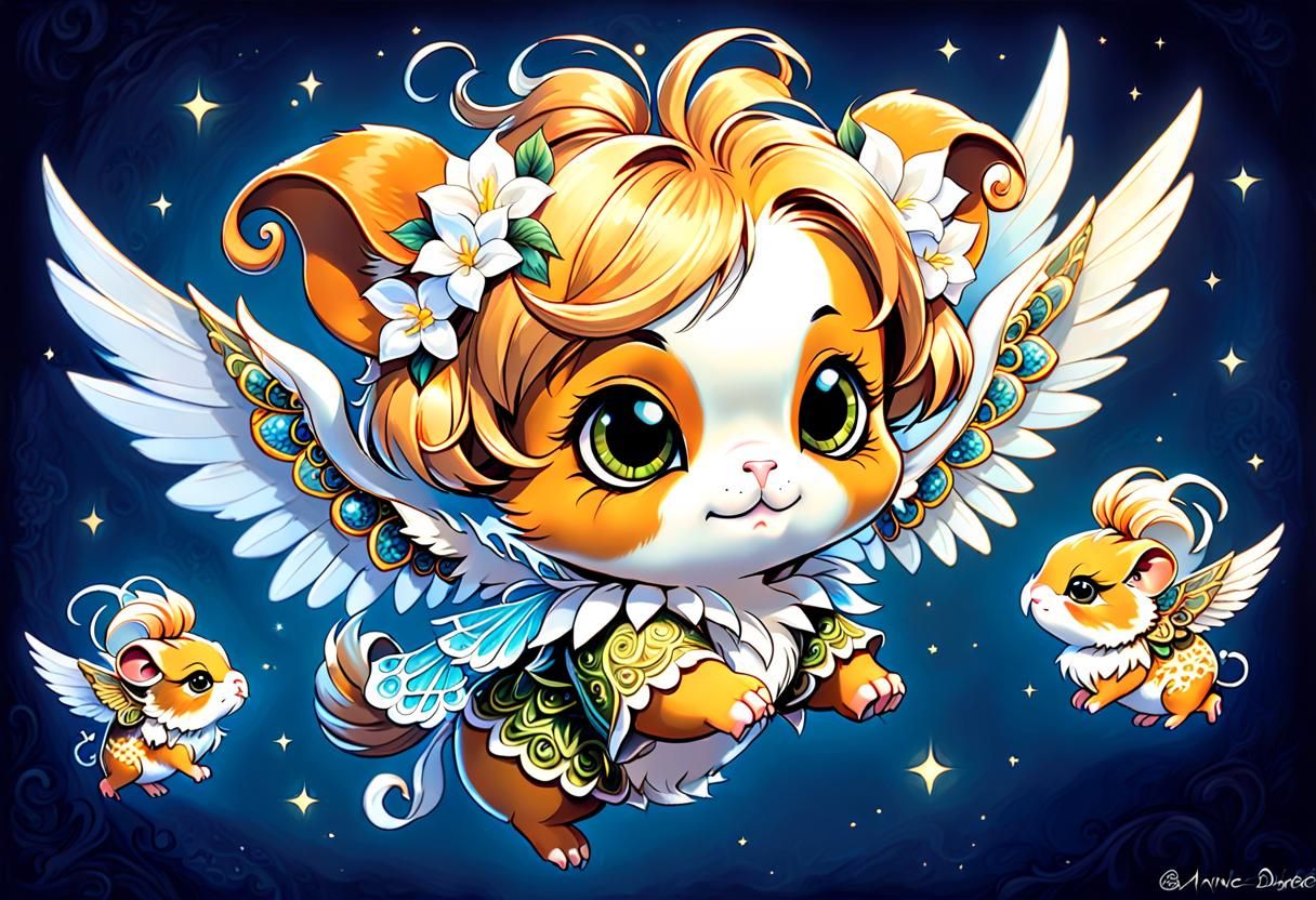 Chibi Guinea Pig in Flight, Fantasy Art