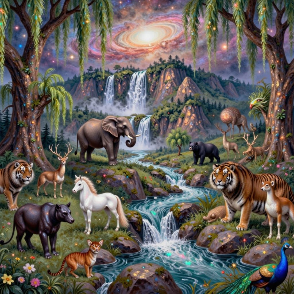 Jungle Animals Gather in Lush Tropical Clearing