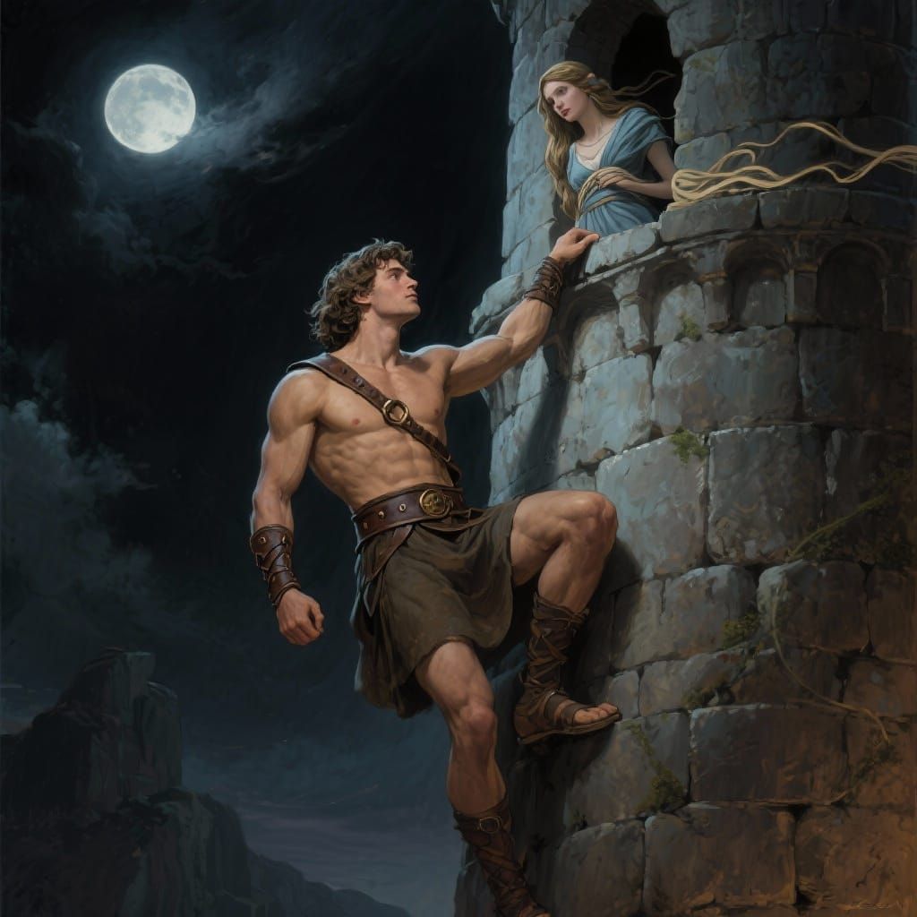 Heroic Theseus Ascends Moonlit Tower to Meet Ariadne