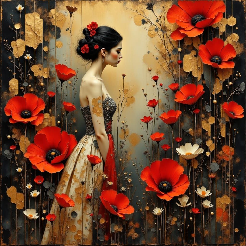 Woman in Surreal Art Deco Flower Garden