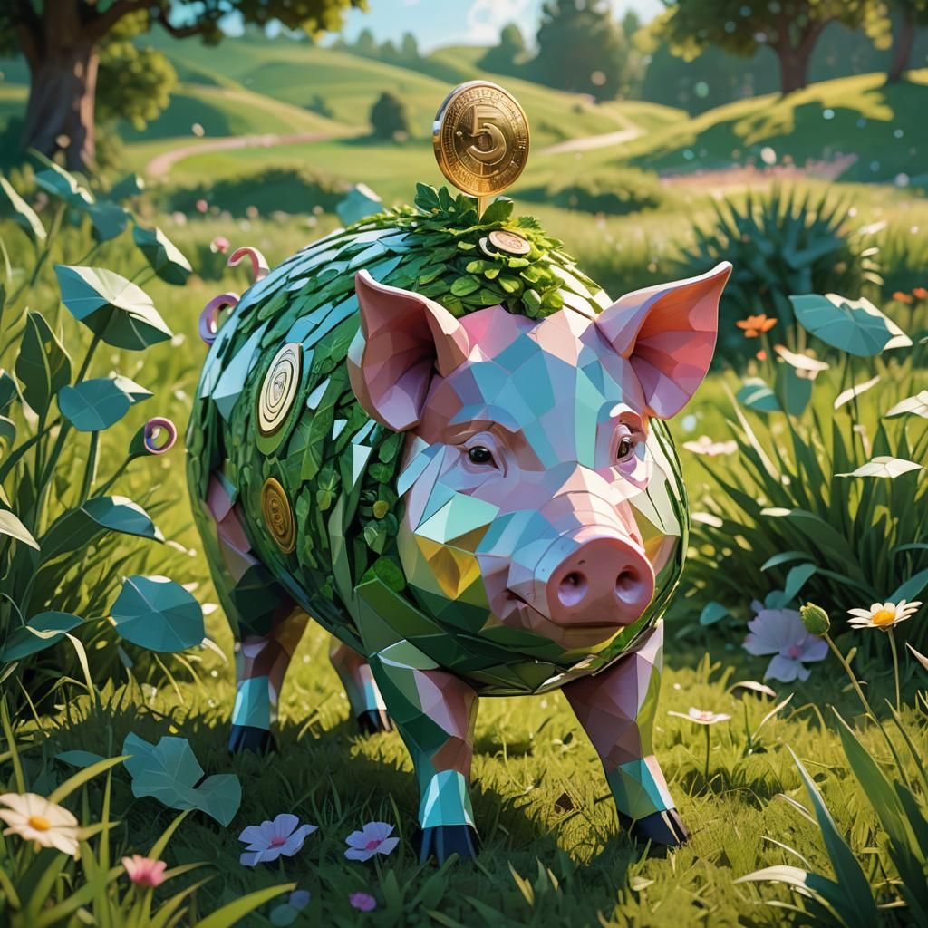 Glowing Coin Pig in Meadow: Low-Poly 3D Art
